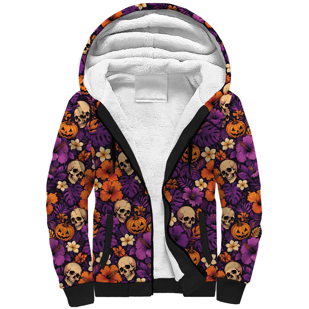 Hawaii Halloween Sherpa Hoodie Skeleton Pumpkin Hawaiian Flower Tribal DT05 Unisex Purple - Polynesian Pride