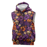 Hawaii Halloween Sleeveless Zip Hoodie Skeleton Pumpkin Hawaiian Flower Tribal DT05 Purple - Polynesian Pride