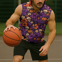 Hawaii Halloween Sleeveless Zip Hoodie Skeleton Pumpkin Hawaiian Flower Tribal DT05 - Polynesian Pride