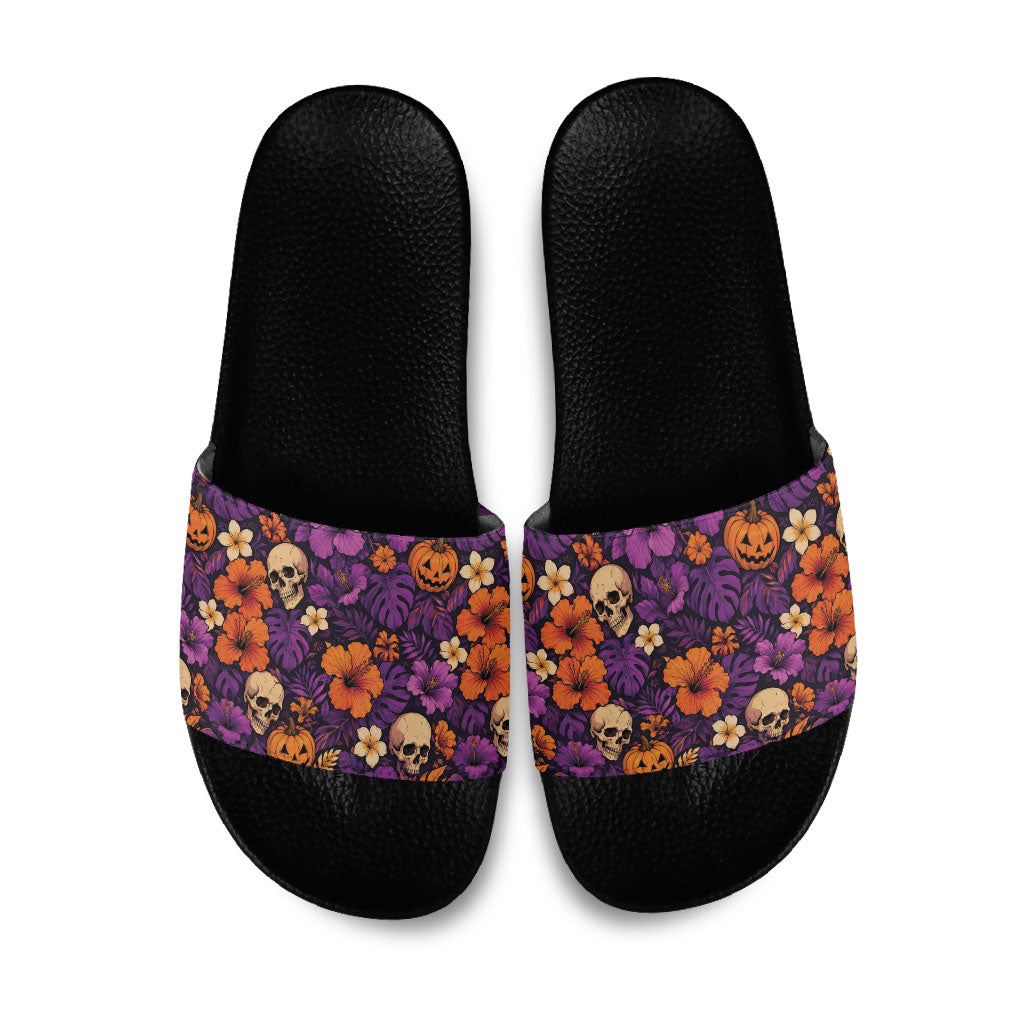 Hawaii Halloween Slide Sandals Skeleton Pumpkin Hawaiian Flower Tribal DT05 Purple - Polynesian Pride