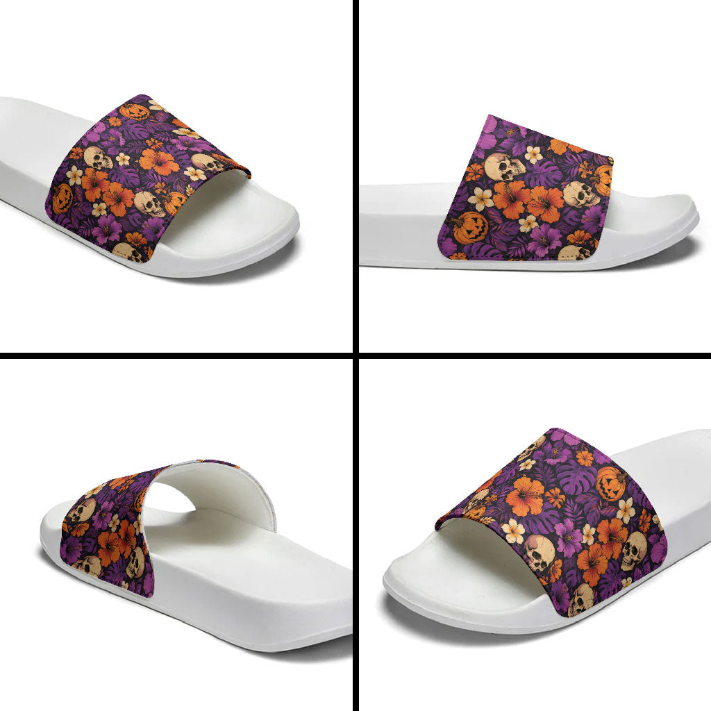 Hawaii Halloween Slide Sandals Skeleton Pumpkin Hawaiian Flower Tribal DT05 - Polynesian Pride