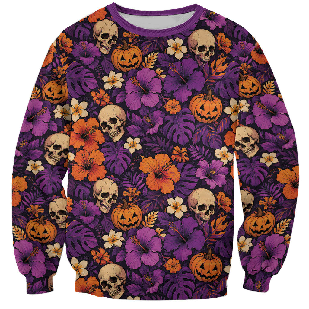 Hawaii Halloween Sweatshirt Skeleton Pumpkin Hawaiian Flower Tribal DT05 Unisex Purple - Polynesian Pride