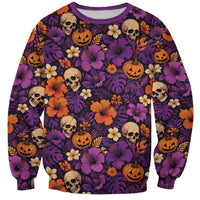 Hawaii Halloween Sweatshirt Skeleton Pumpkin Hawaiian Flower Tribal DT05 Unisex Purple - Polynesian Pride