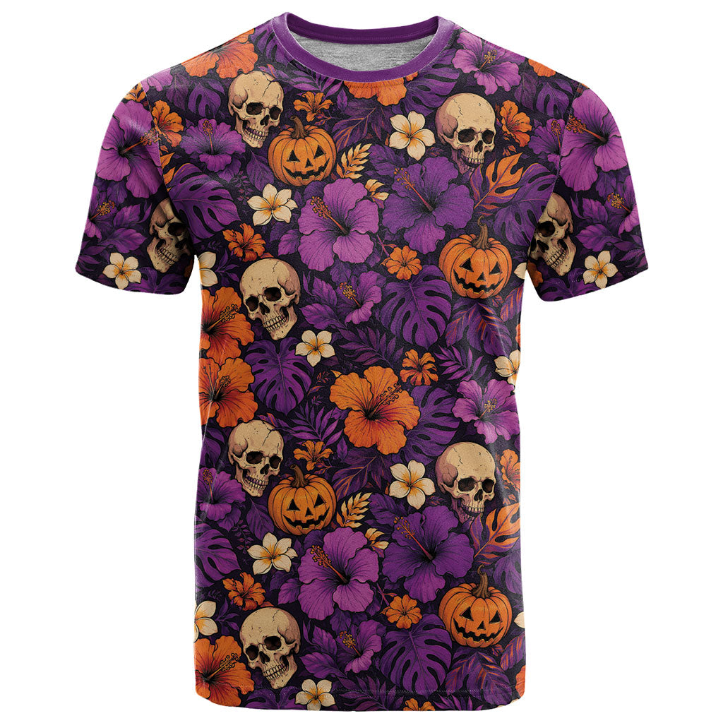 Hawaii Halloween T Shirt Skeleton Pumpkin Hawaiian Flower Tribal DT05 Purple - Polynesian Pride