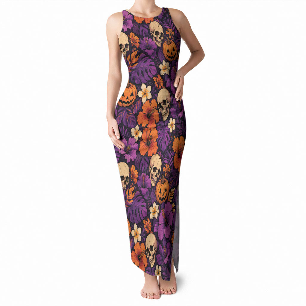 Hawaii Halloween Tank Maxi Dress Skeleton Pumpkin Hawaiian Flower Tribal DT05 Women Purple - Polynesian Pride
