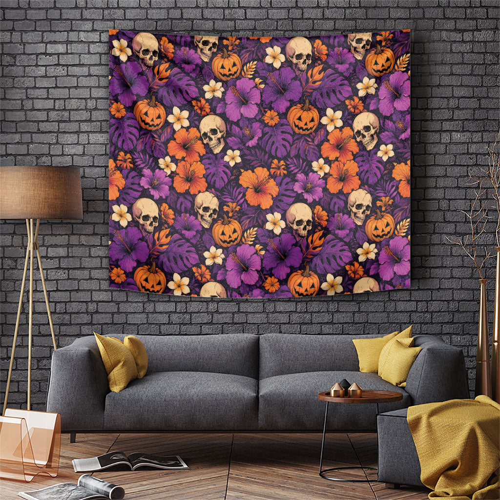 Hawaii Halloween Tapestry Skeleton Pumpkin Hawaiian Flower Tribal DT05 Purple - Polynesian Pride