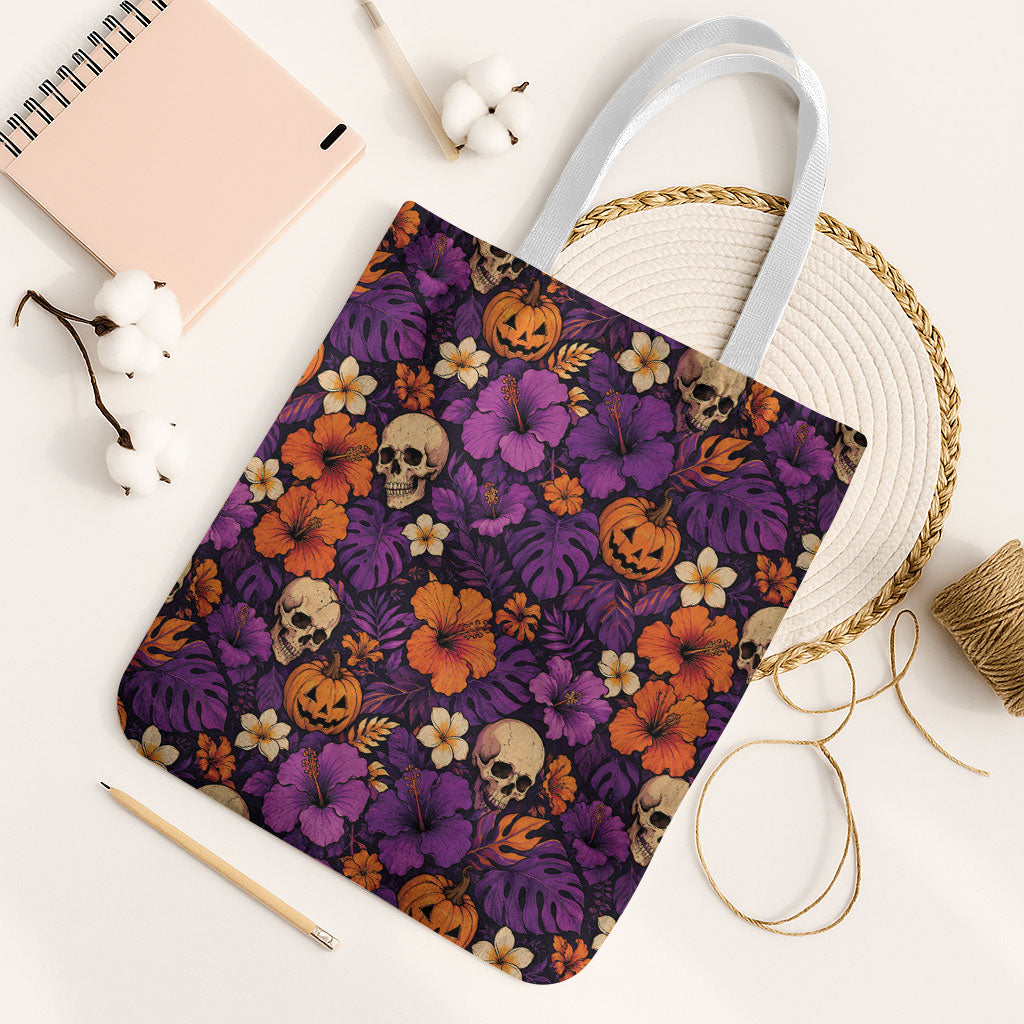 Hawaii Halloween Tote Bag Skeleton Pumpkin Hawaiian Flower Tribal DT05 White Strap One Size Purple - Polynesian Pride