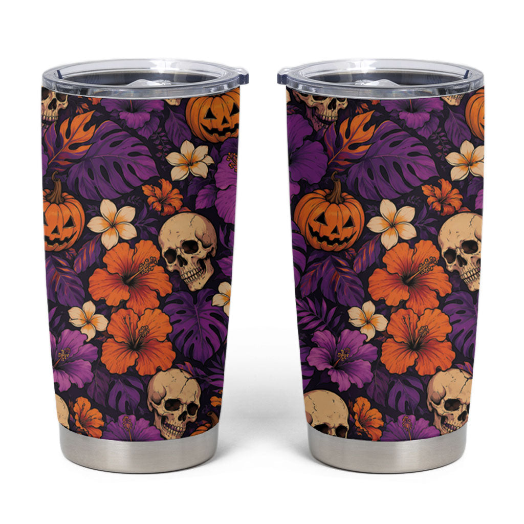 Hawaii Halloween Tumbler Cup Skeleton Pumpkin Hawaiian Flower Tribal DT05 Purple - Polynesian Pride
