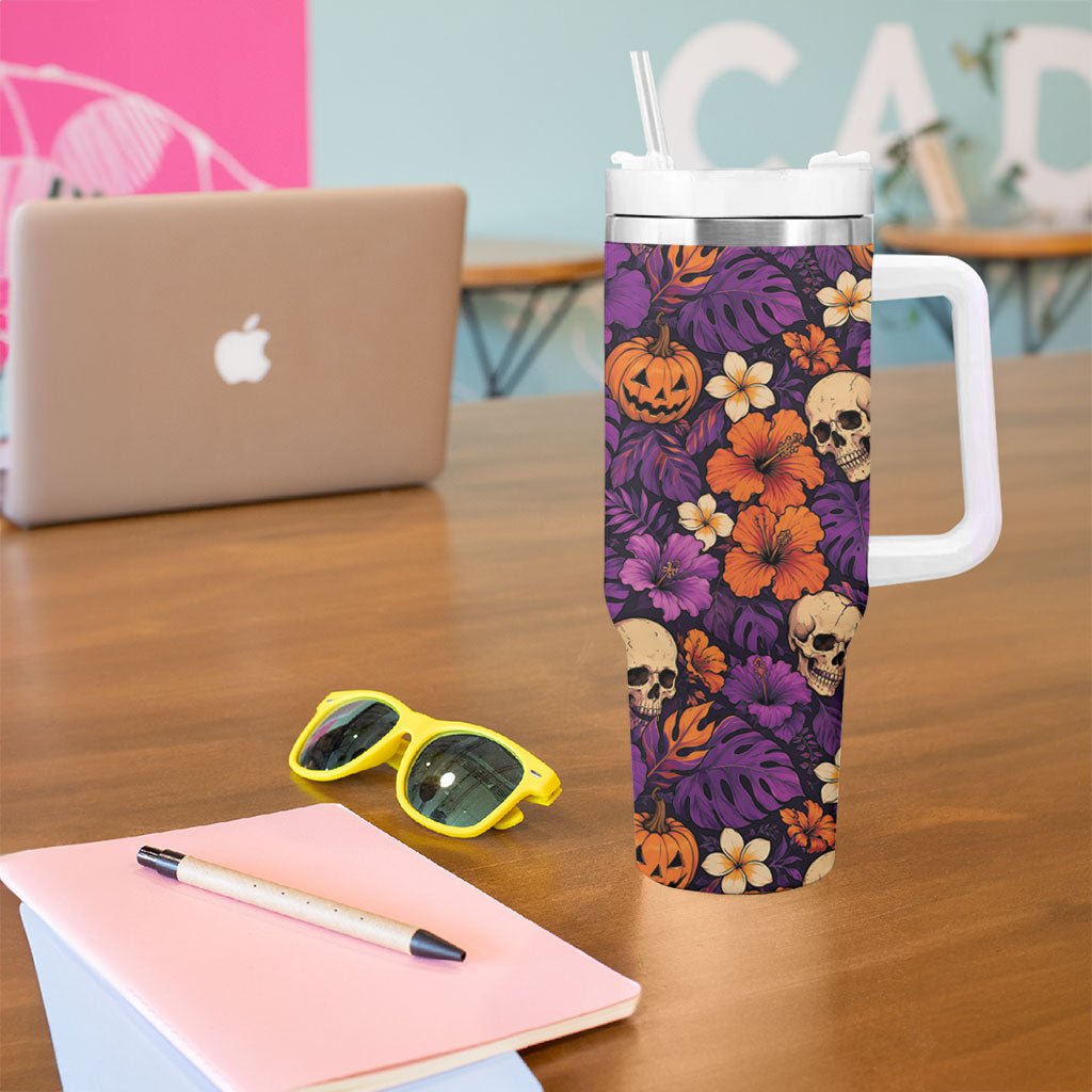Hawaii Halloween Tumbler With Handle Skeleton Pumpkin Hawaiian Flower Tribal DT05 - Polynesian Pride
