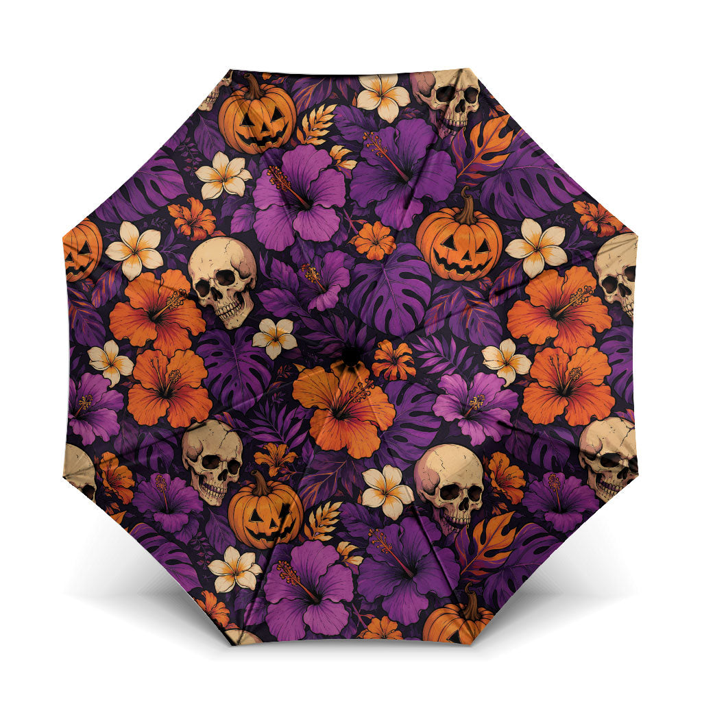 Hawaii Halloween Umbrella Skeleton Pumpkin Hawaiian Flower Tribal DT05 One Size Folded 11.42 inch Opened Diameter 37.4 inch Purple - Polynesian Pride