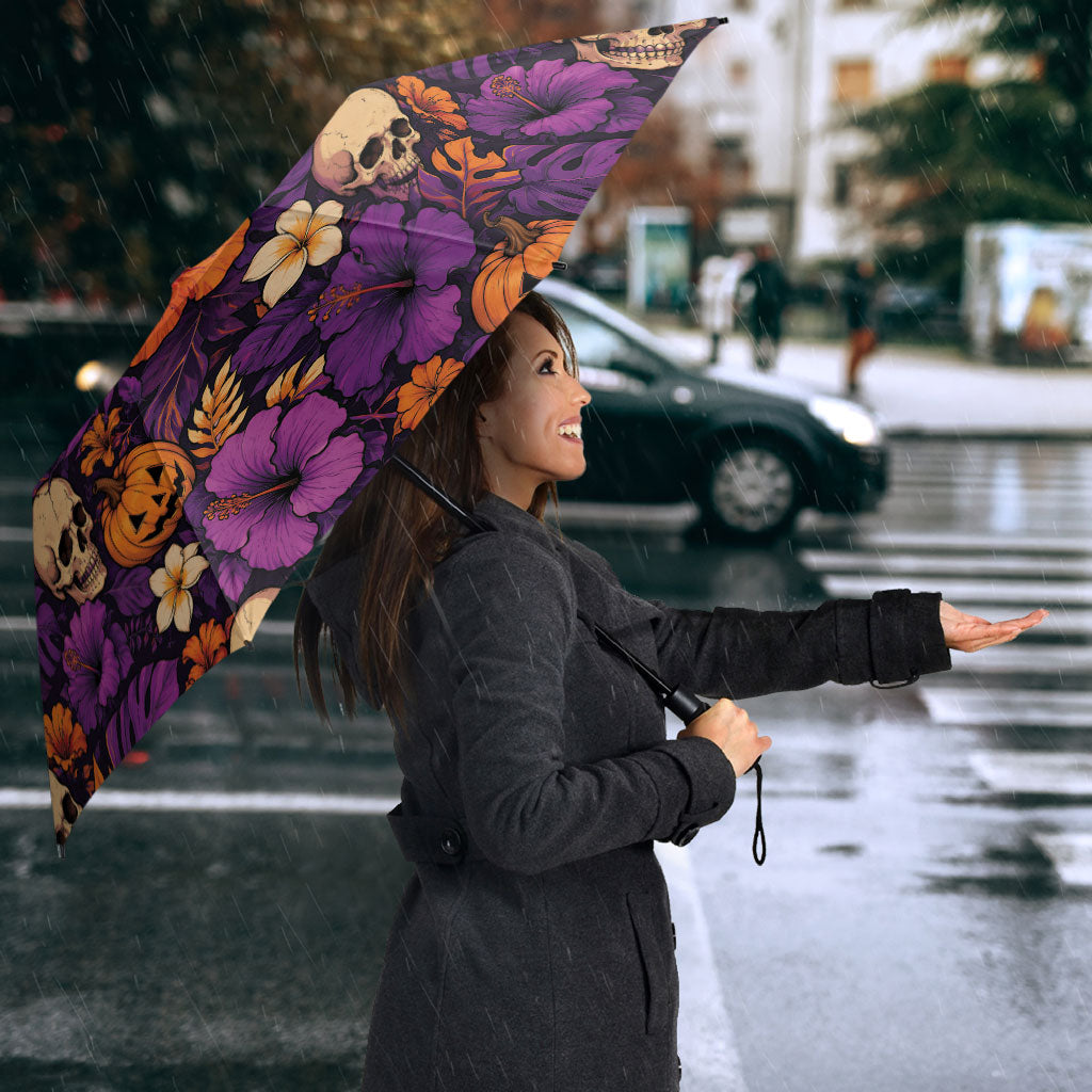 Hawaii Halloween Umbrella Skeleton Pumpkin Hawaiian Flower Tribal DT05 - Polynesian Pride
