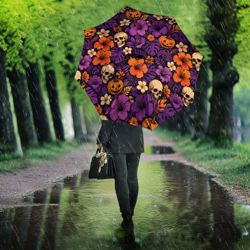 Hawaii Halloween Umbrella Skeleton Pumpkin Hawaiian Flower Tribal DT05 - Polynesian Pride