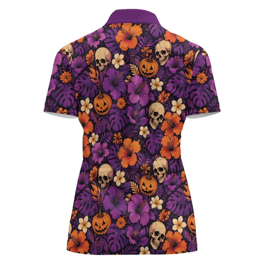 Hawaii Halloween Women Polo Shirt Skeleton Pumpkin Hawaiian Flower Tribal DT05 - Polynesian Pride