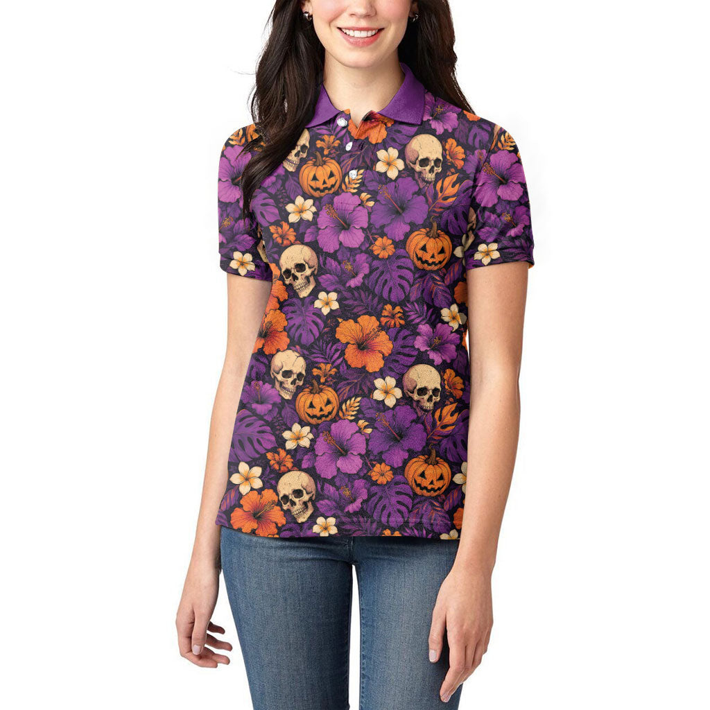 Hawaii Halloween Women Polo Shirt Skeleton Pumpkin Hawaiian Flower Tribal DT05 - Polynesian Pride