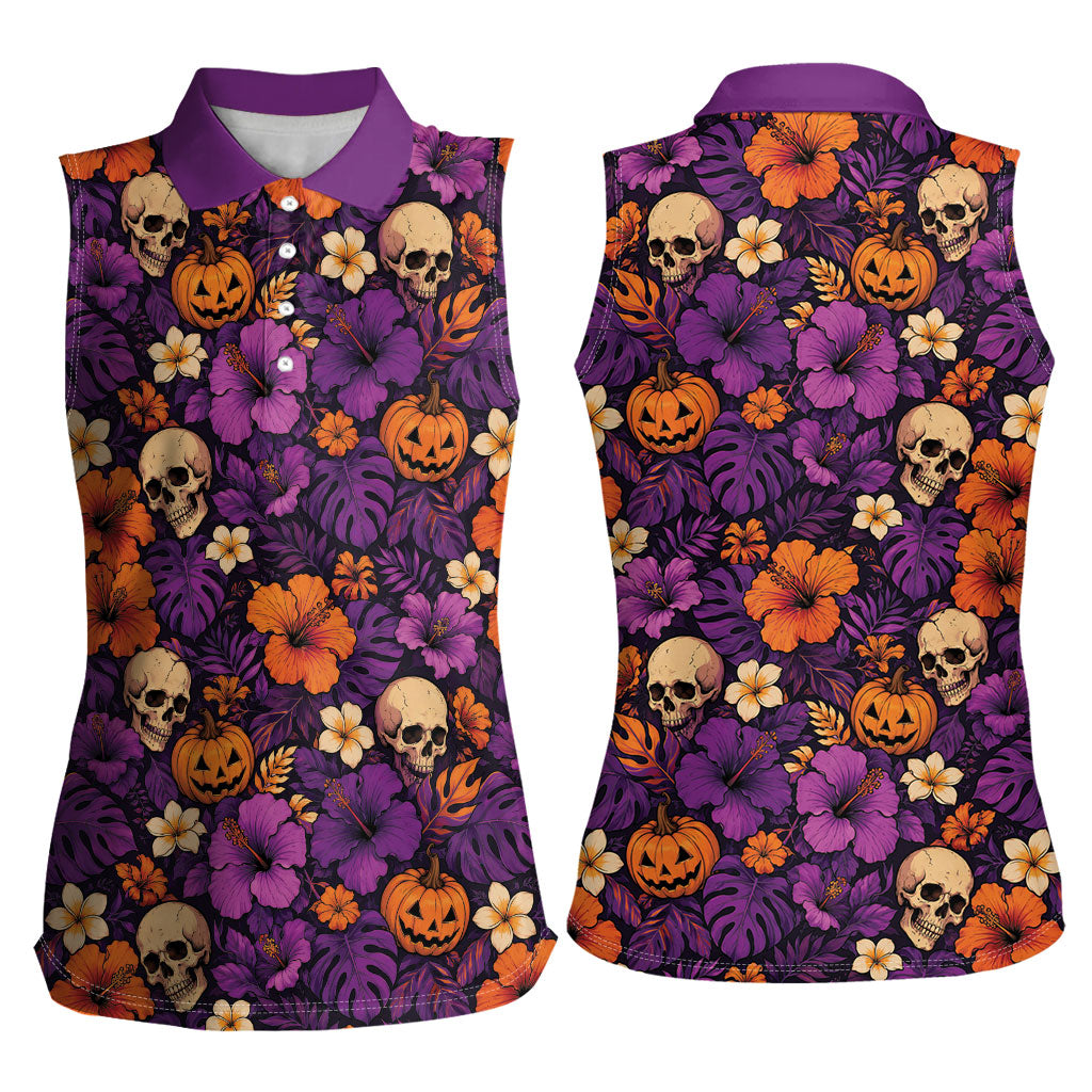 Hawaii Halloween Women Sleeveless Polo Shirt Skeleton Pumpkin Hawaiian Flower Tribal DT05 - Polynesian Pride
