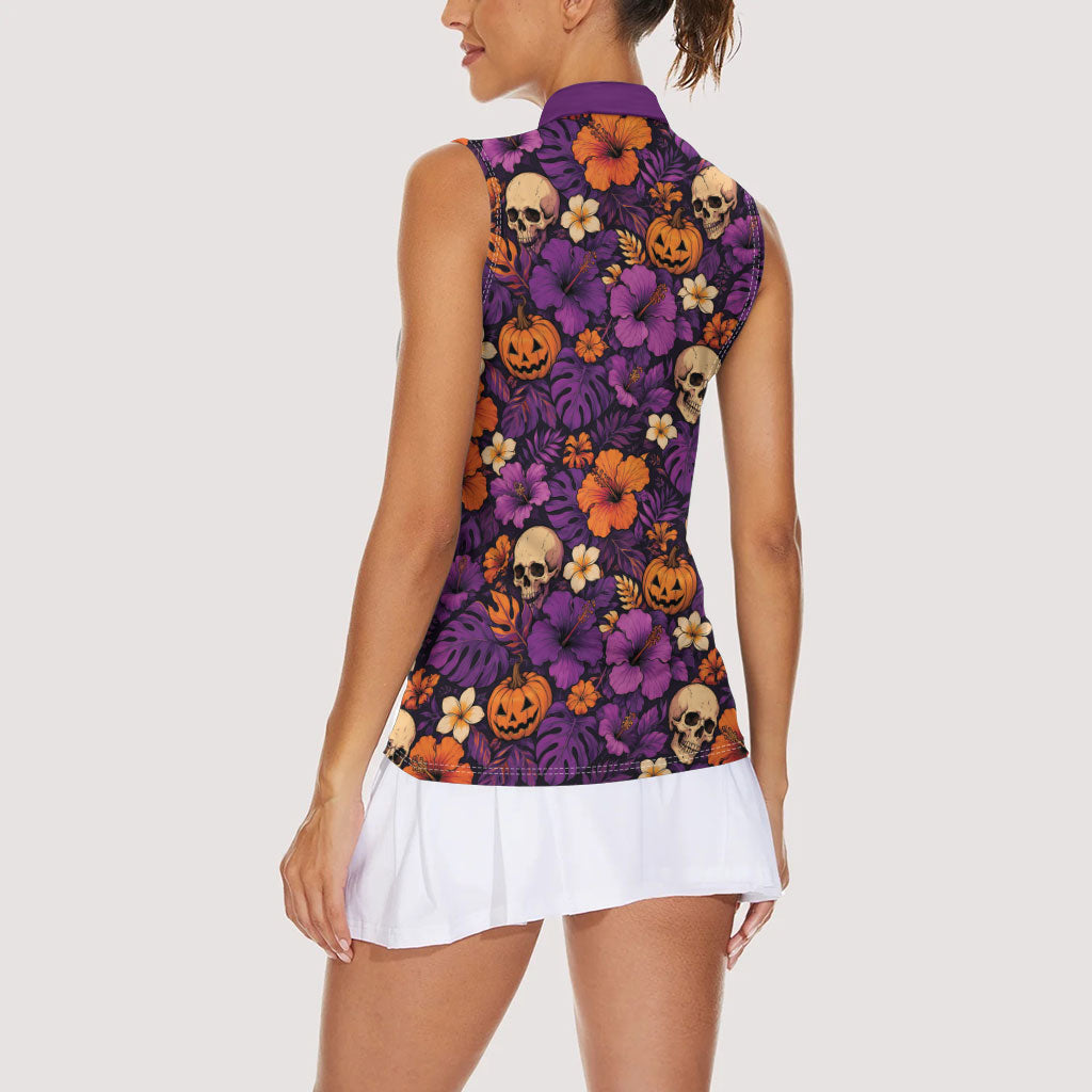 Hawaii Halloween Women Sleeveless Polo Shirt Skeleton Pumpkin Hawaiian Flower Tribal DT05 - Polynesian Pride