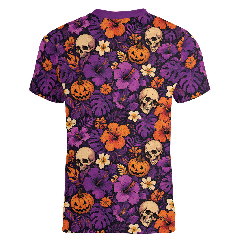 Hawaii Halloween Women V-Neck T-Shirt Skeleton Pumpkin Hawaiian Flower Tribal DT05 - Polynesian Pride
