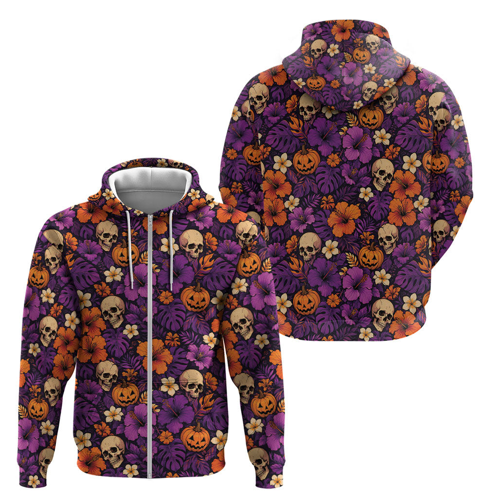 Hawaii Halloween Zip Hoodie Skeleton Pumpkin Hawaiian Flower Tribal DT05 - Polynesian Pride