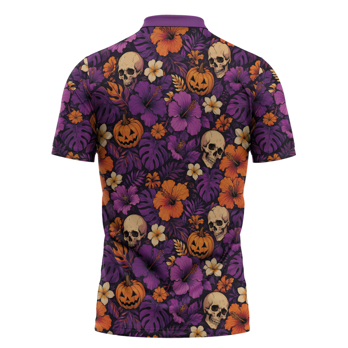 Hawaii Halloween Zipper Polo Shirt Skeleton Pumpkin Hawaiian Flower Tribal DT05 - Polynesian Pride