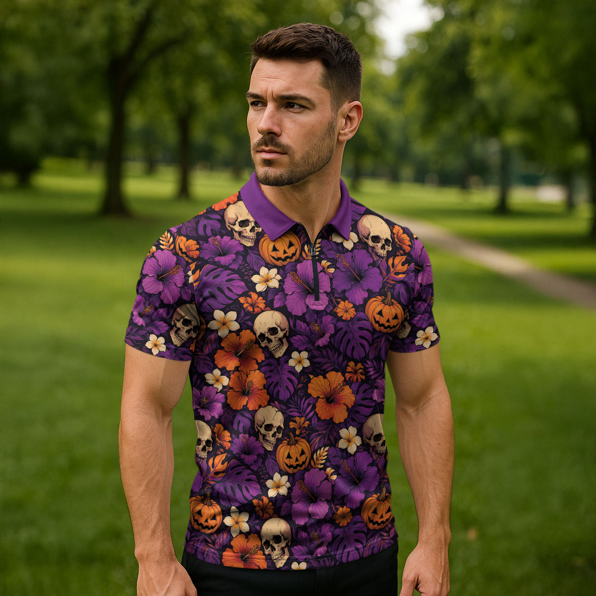 Hawaii Halloween Zipper Polo Shirt Skeleton Pumpkin Hawaiian Flower Tribal DT05 - Polynesian Pride