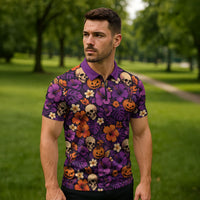 Hawaii Halloween Zipper Polo Shirt Skeleton Pumpkin Hawaiian Flower Tribal DT05 - Polynesian Pride