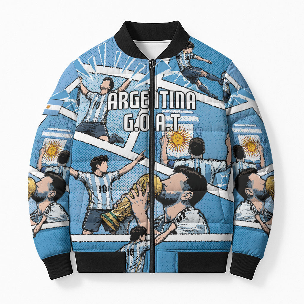 Custom Argentina Football Bomber Puffer Jacket Goat Comic Style Sun Of May
