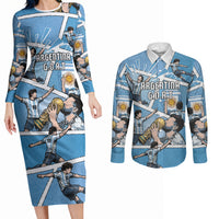 Custom Argentina Football Couples Matching Long Sleeve Bodycon Dress and Long Sleeve Button Shirt Goat Comic Style Sun Of May DT05 Blue - Polynesian Pride