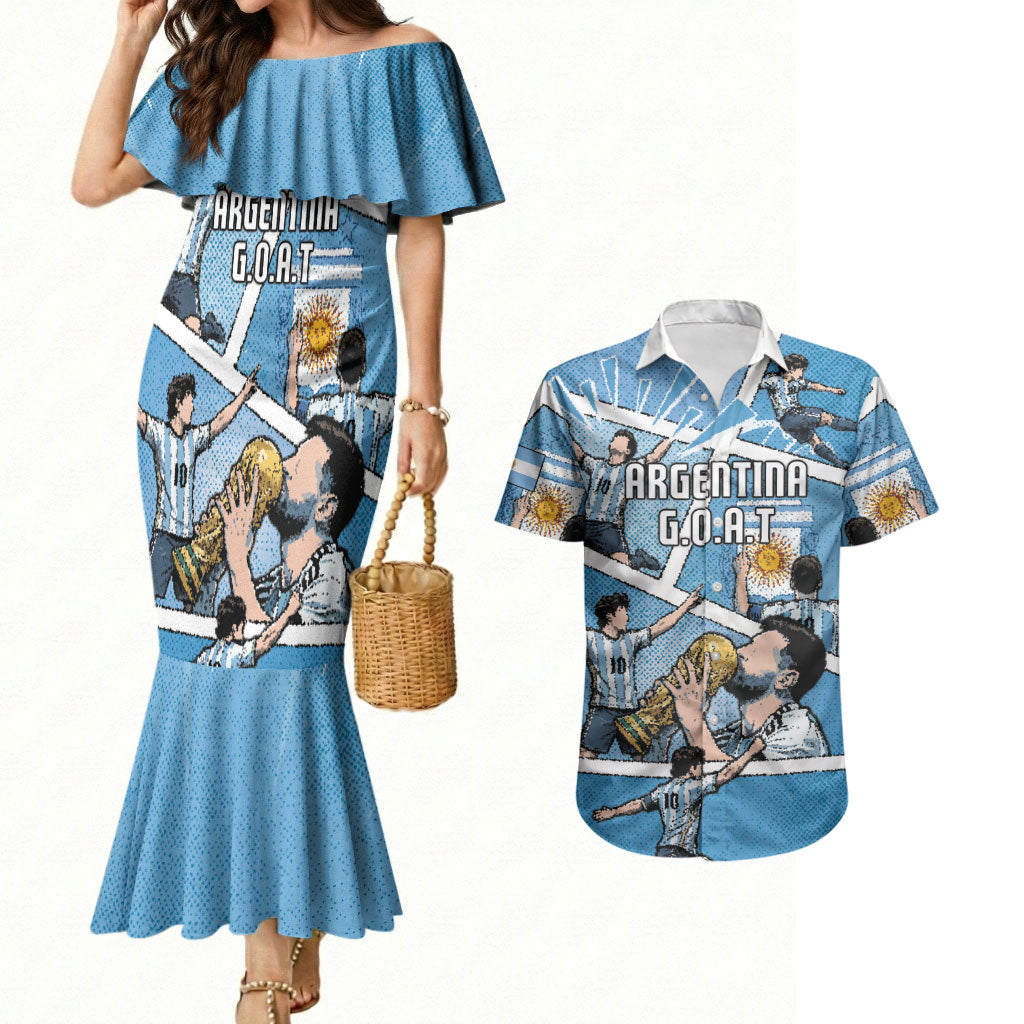 Custom Argentina Football Couples Matching Mermaid Dress and Hawaiian Shirt Goat Comic Style Sun Of May DT05 Blue - Polynesian Pride