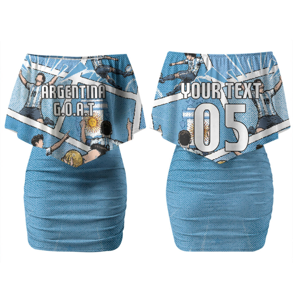 Custom Argentina Football Couples Matching Off Shoulder Short Dress and Long Sleeve Button Shirt Goat Comic Style Sun Of May DT05 - Polynesian Pride