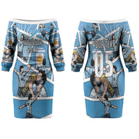 Custom Argentina Football Couples Matching Off The Shoulder Long Sleeve Dress and Hawaiian Shirt Goat Comic Style Sun Of May