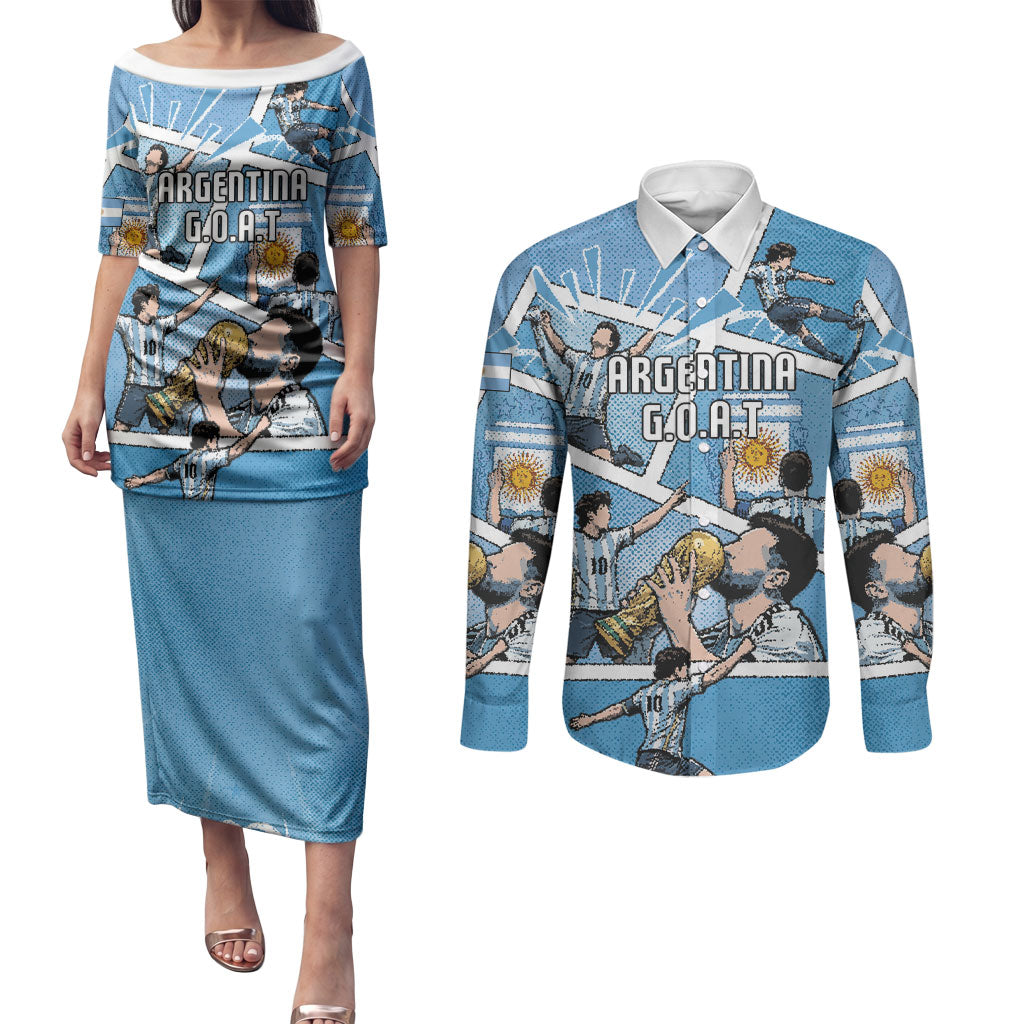 Custom Argentina Football Couples Matching Puletasi and Long Sleeve Button Shirt Goat Comic Style Sun Of May DT05 Blue - Polynesian Pride