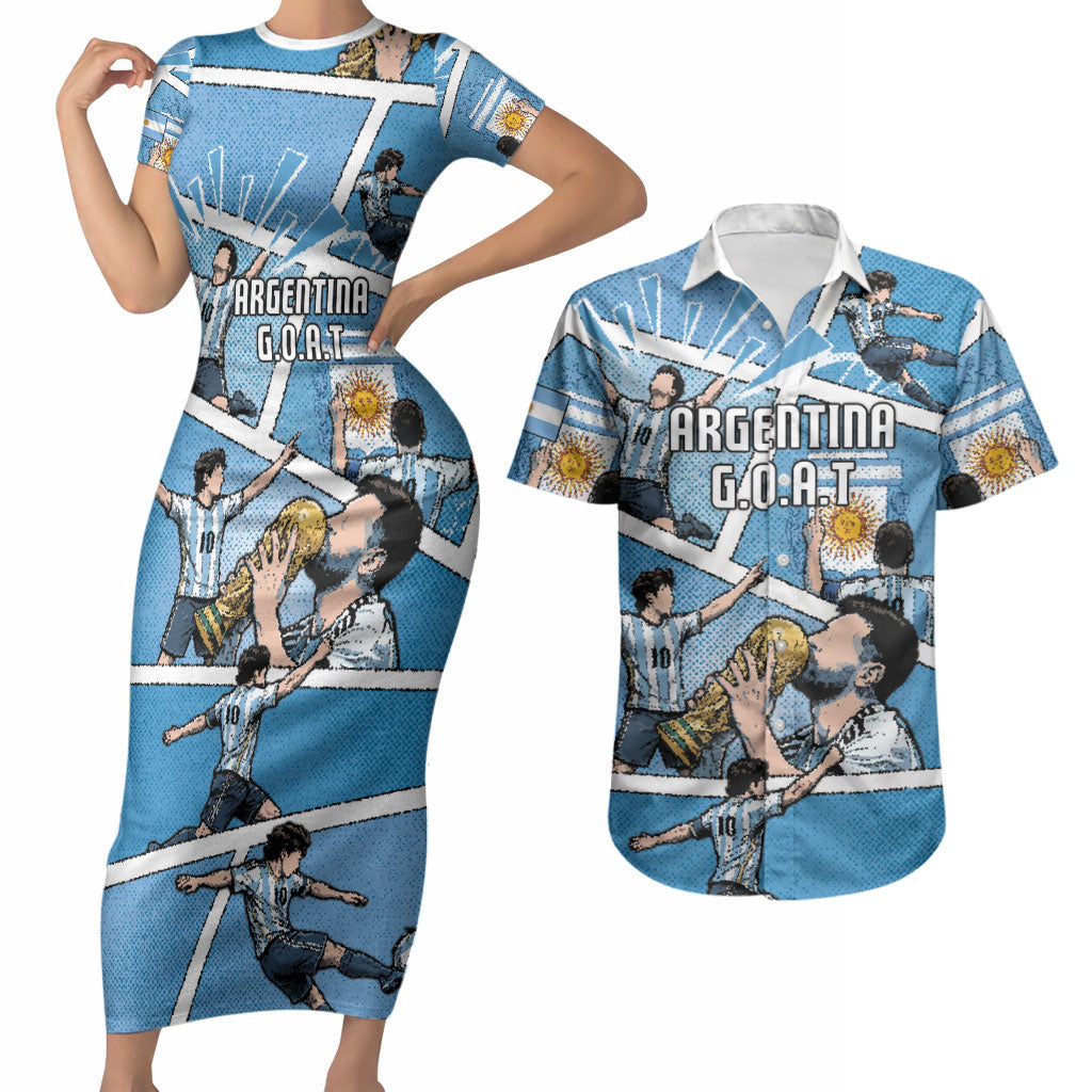 Custom Argentina Football Couples Matching Short Sleeve Bodycon Dress and Hawaiian Shirt Goat Comic Style Sun Of May DT05 Blue - Polynesian Pride