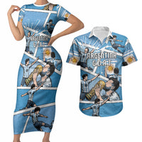 Custom Argentina Football Couples Matching Short Sleeve Bodycon Dress and Hawaiian Shirt Goat Comic Style Sun Of May DT05 Blue - Polynesian Pride