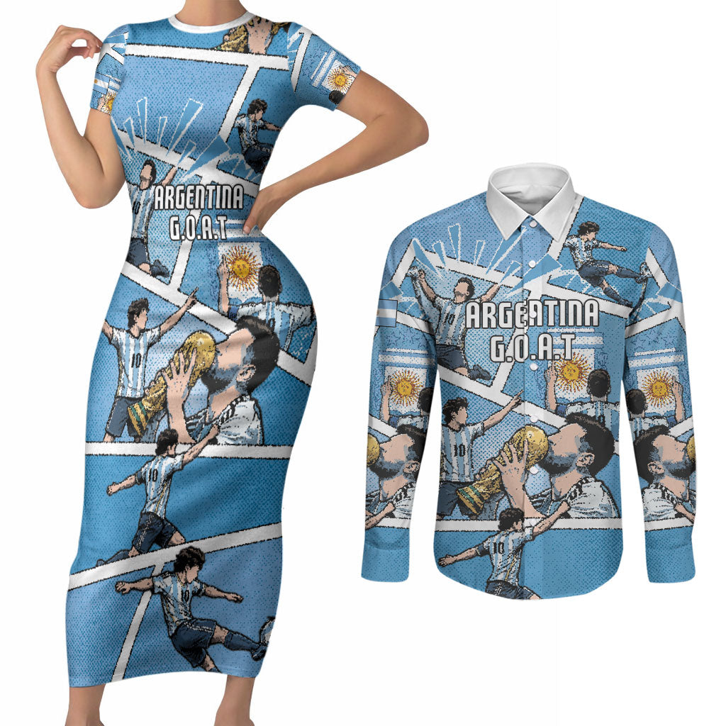 Custom Argentina Football Couples Matching Short Sleeve Bodycon Dress and Long Sleeve Button Shirt Goat Comic Style Sun Of May DT05 Blue - Polynesian Pride
