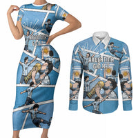 Custom Argentina Football Couples Matching Short Sleeve Bodycon Dress and Long Sleeve Button Shirt Goat Comic Style Sun Of May DT05 Blue - Polynesian Pride