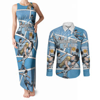 Custom Argentina Football Couples Matching Tank Maxi Dress and Long Sleeve Button Shirt Goat Comic Style Sun Of May DT05 Blue - Polynesian Pride