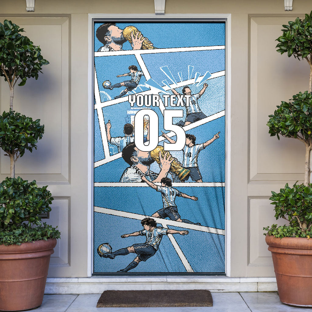 Custom Argentina Football Door Cover Goat Comic Style Sun Of May DT05 Blue - Polynesian Pride