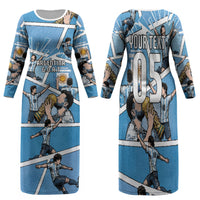 Custom Argentina Football Family Matching Long Sleeve Bodycon Dress and Hawaiian Shirt Goat Comic Style Sun Of May DT05 Mom's Dress Blue - Polynesian Pride