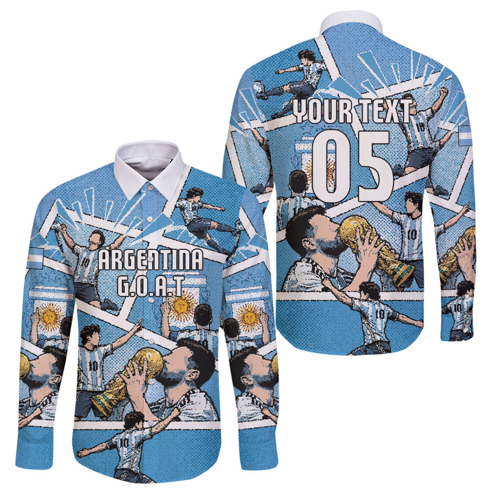 Custom Argentina Football Family Matching Long Sleeve Bodycon Dress and Hawaiian Shirt Goat Comic Style Sun Of May DT05 Dad's Shirt - Long Sleeve Blue - Polynesian Pride