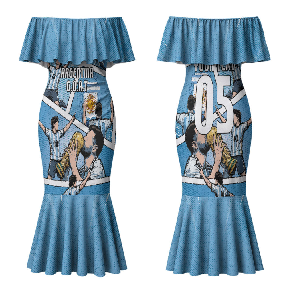 Custom Argentina Football Family Matching Mermaid Dress and Hawaiian Shirt Goat Comic Style Sun Of May DT05 Mom's Dress Blue - Polynesian Pride