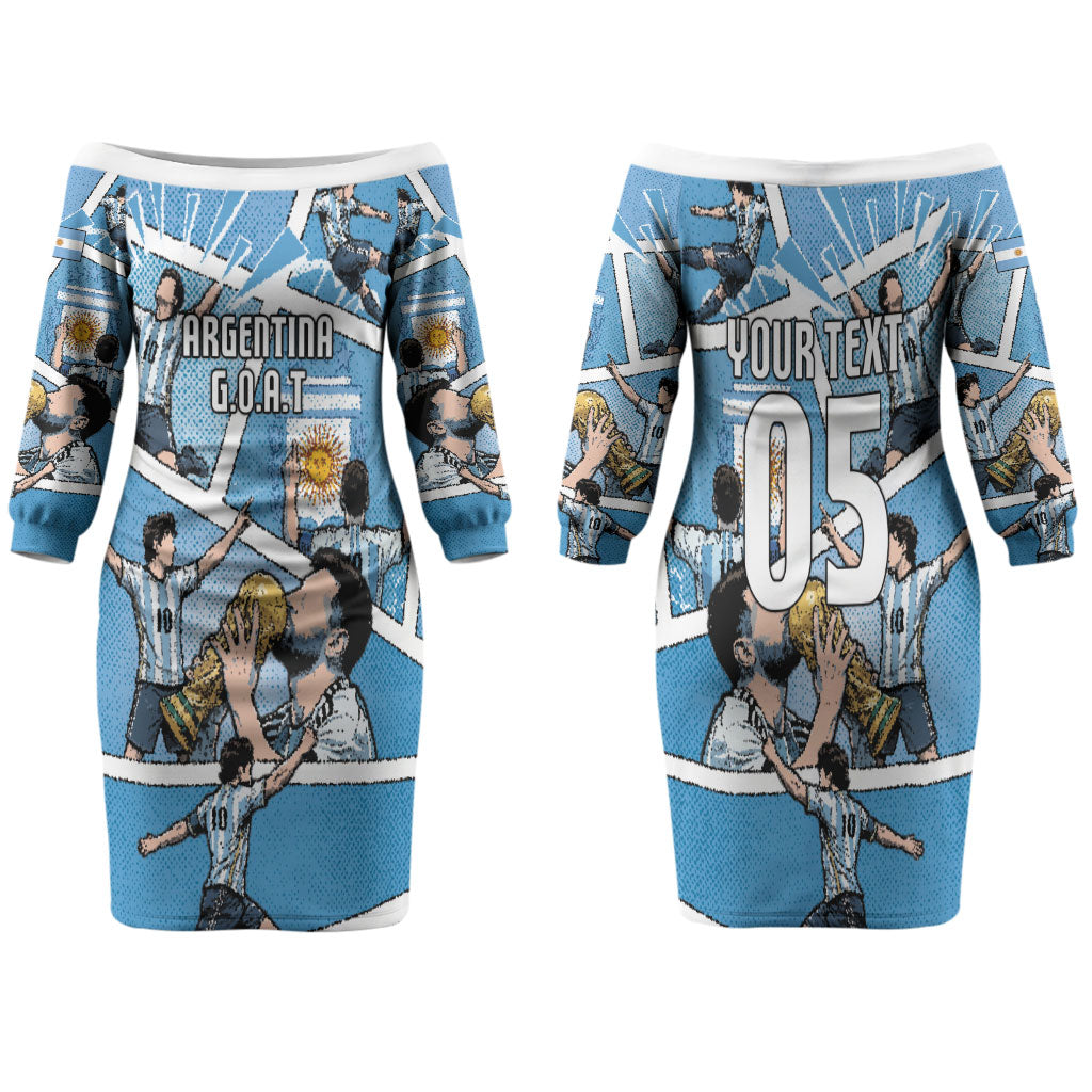 Custom Argentina Football Family Matching Off The Shoulder Long Sleeve Dress and Hawaiian Shirt Goat Comic Style Sun Of May DT05 Mom's Dress Blue - Polynesian Pride