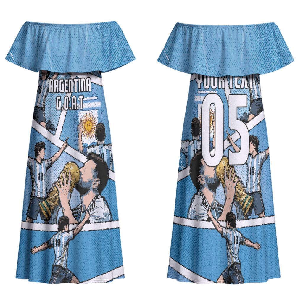 Custom Argentina Football Family Matching Off Shoulder Maxi Dress and Hawaiian Shirt Goat Comic Style Sun Of May DT05 Mom's Dress Blue - Polynesian Pride