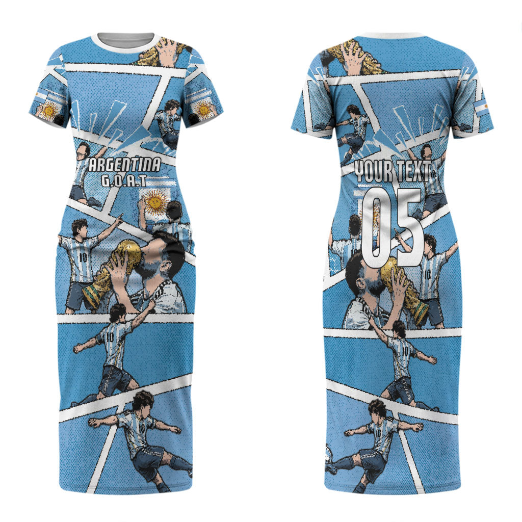 Custom Argentina Football Family Matching Short Sleeve Bodycon Dress and Hawaiian Shirt Goat Comic Style Sun Of May DT05 Mom's Dress Blue - Polynesian Pride