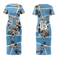 Custom Argentina Football Family Matching Short Sleeve Bodycon Dress and Hawaiian Shirt Goat Comic Style Sun Of May DT05 Mom's Dress Blue - Polynesian Pride