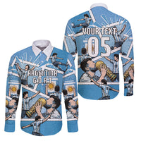 Custom Argentina Football Family Matching Short Sleeve Bodycon Dress and Hawaiian Shirt Goat Comic Style Sun Of May DT05 Dad's Shirt - Long Sleeve Blue - Polynesian Pride