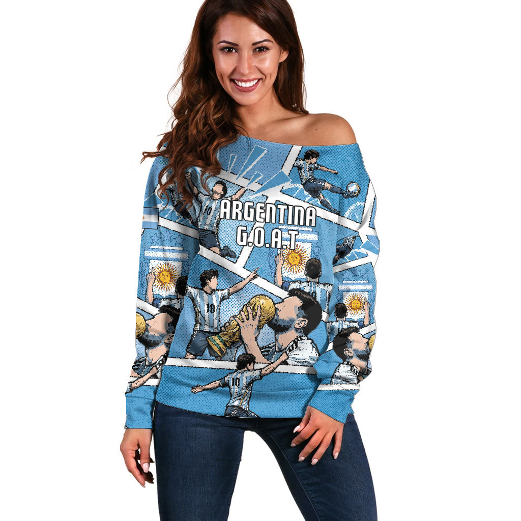 Custom Argentina Football Off Shoulder Sweater Goat Comic Style Sun Of May DT05 Women Blue - Polynesian Pride
