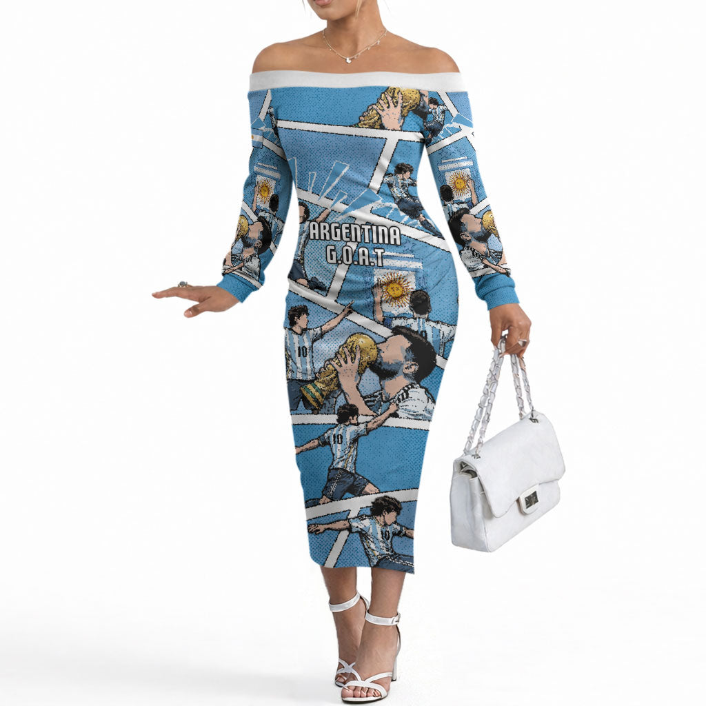 Custom Argentina Football Off The Shoulder Long Sleeve Dress Goat Comic Style Sun Of May