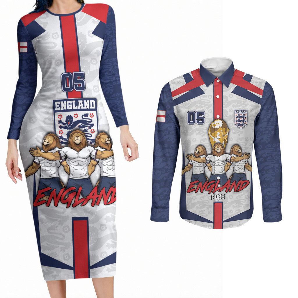 Custom England Football Couples Matching Long Sleeve Bodycon Dress and Long Sleeve Button Shirt Three Lions Trophy St George Cross DT05 White - Polynesian Pride
