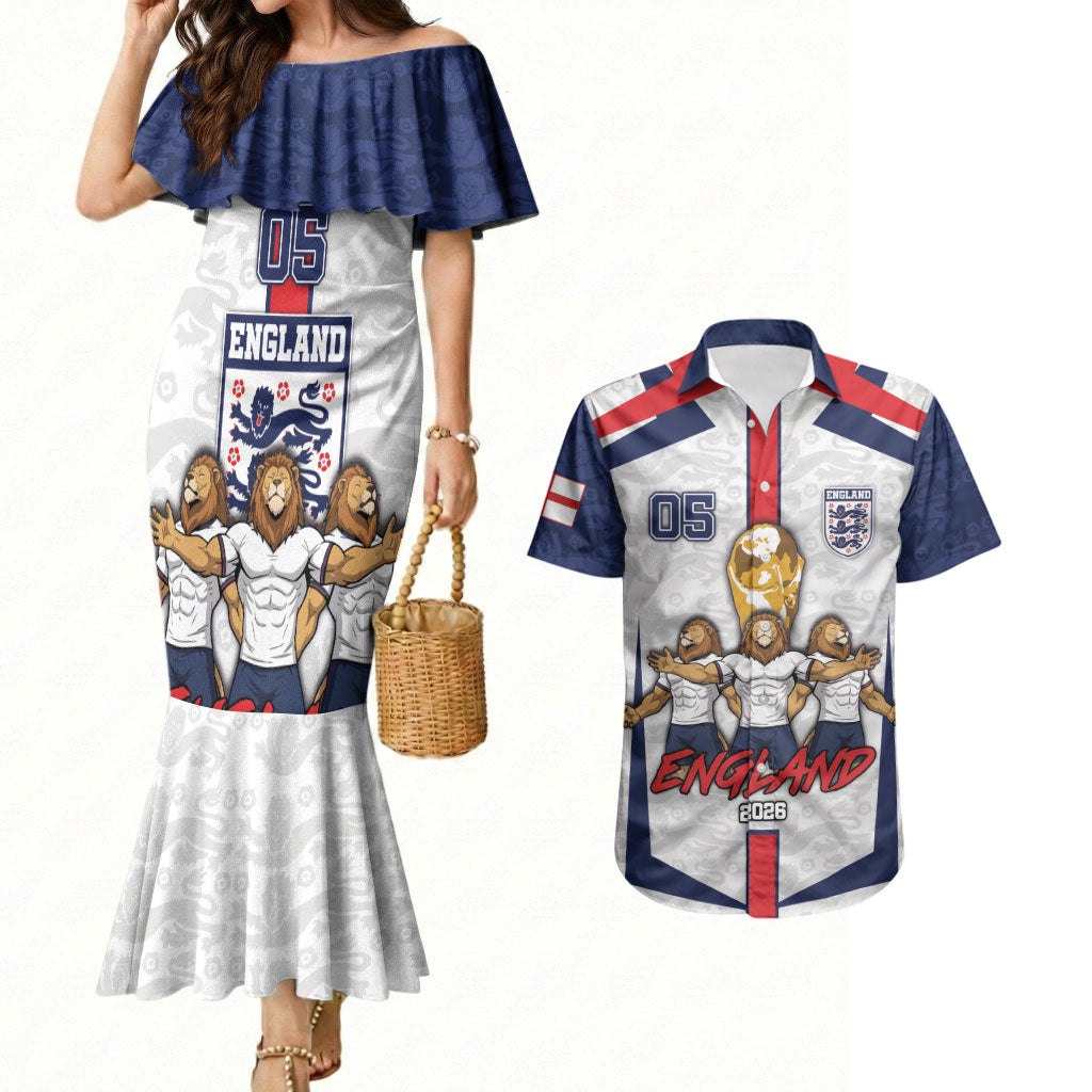 Custom England Football Couples Matching Mermaid Dress and Hawaiian Shirt Three Lions Trophy St George Cross DT05 White - Polynesian Pride