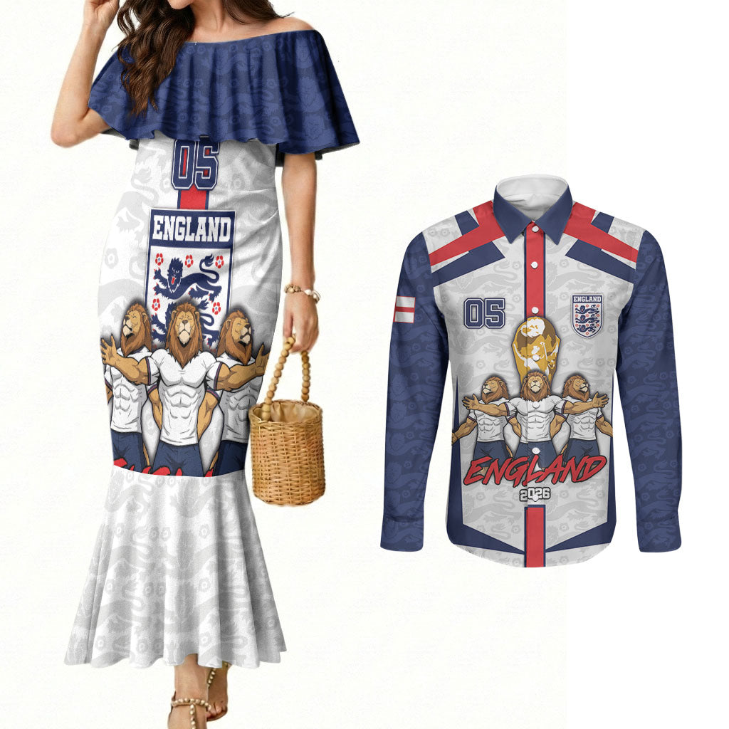 Custom England Football Couples Matching Mermaid Dress and Long Sleeve Button Shirt Three Lions Trophy St George Cross DT05 White - Polynesian Pride